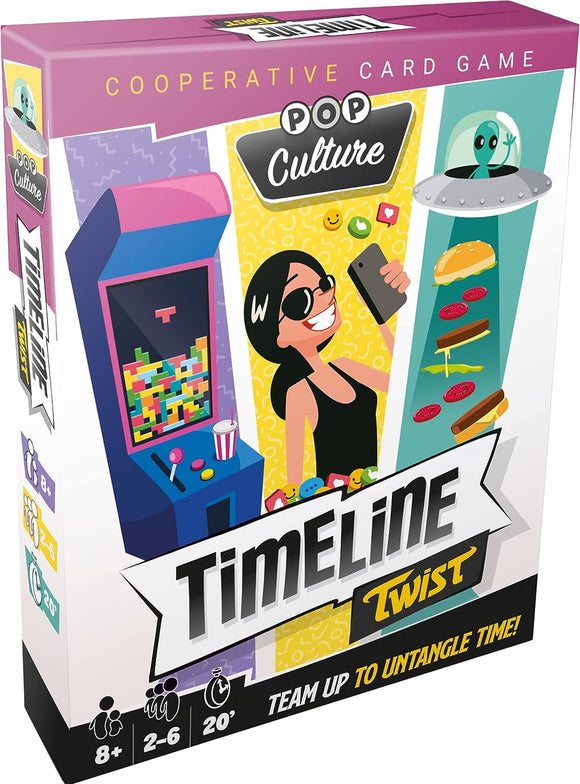 Zygomatic Timeline Twist Pop Culture angleška izdaja - Sodelovalna igra potovanja skozi pop dogodke - Zabavna igra za 8+ let, 20-30 min, 2-6 igralcev, 36 kart