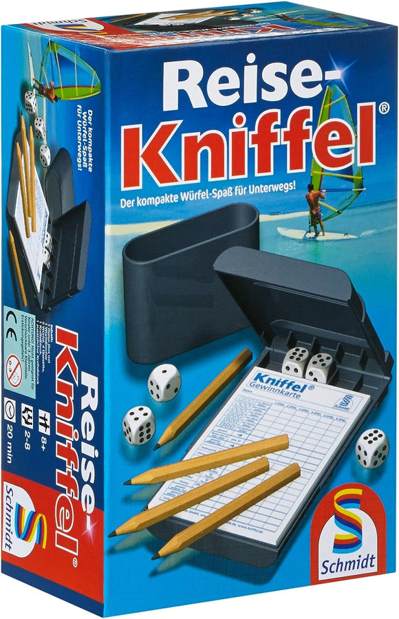 Schmidt Spiele Reise-Kniffel nemška izdaja igre Kniffel Travel - Prenosna igra s kockami za avanture na poti - Za starosti 8+ let, 30 min, 2-8 igralcev, potovalna izdaja