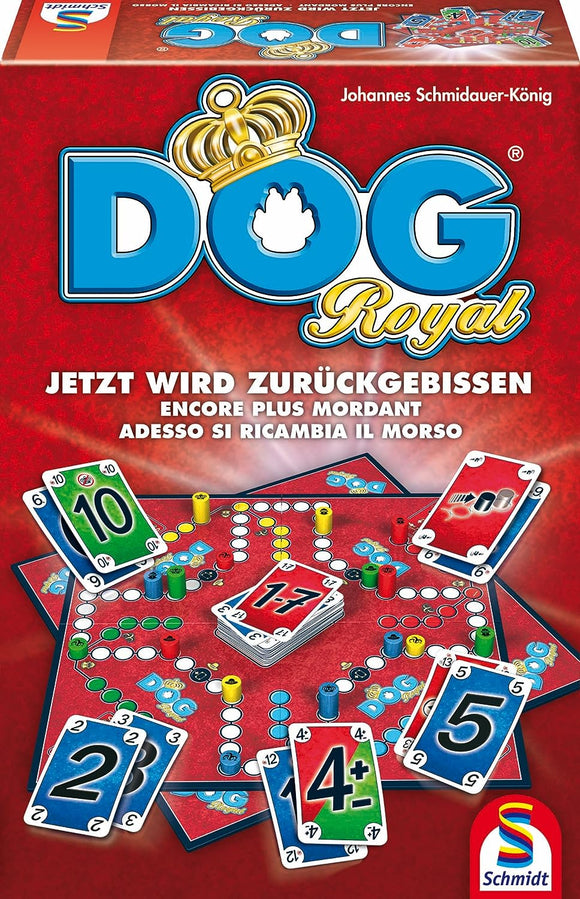 Schmidt Spiele Dog Royal nemška izdaja - Kraljevska izdaja družabne igre - Človek ne jezi se kartanje za družinsko zabavo, primerna za starosti 9+ let, 45 min, 2-6 igralcev