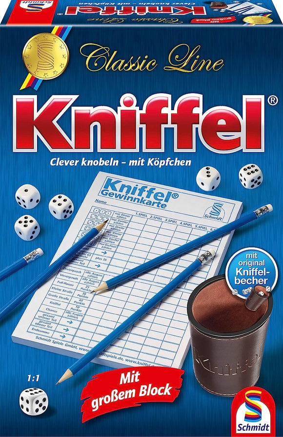 Schmidt Spiele Kniffel Classic Line nemška izdaja - Strateška igra s kockami polna vznemirjenja za družinsko igralno noč - Za starosti 8+ let, 30 min, 2-8 igralcev, z velikom blokom listov
