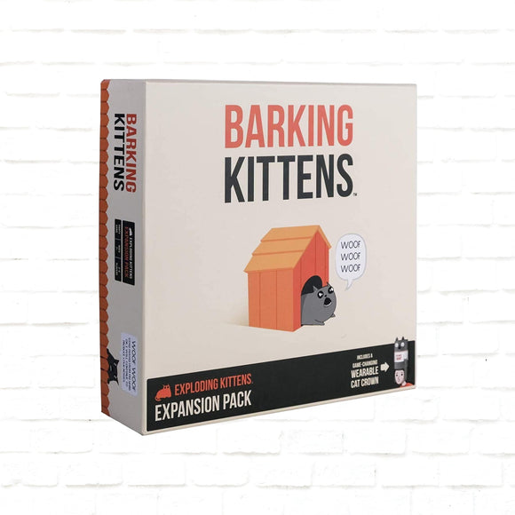 Exploding Kittens Barking Kittens Razširitev #3 angleška izdaja - Zabavna družabna igra za družinske večere - Smešna igra s kartami za starosti 7+ let, 15 min, 2-5 igralcev- 20 kart z mačjo krono